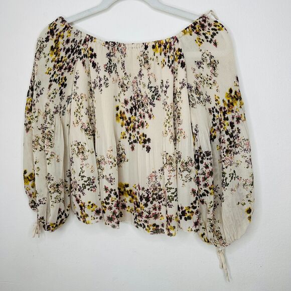 Aritzia Wilfred Talence Cream and Multi Floral Silk Pleated Off Shoulder Top XS - Picture 7 of 15